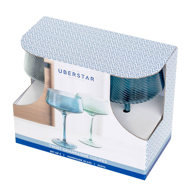 Box of Uberstar twist champagne coupes with product images on a white background