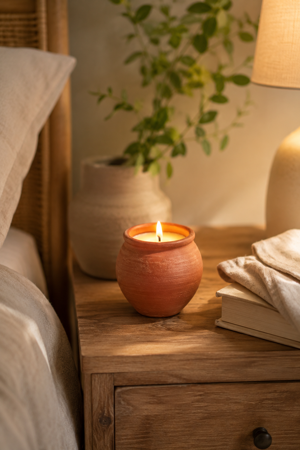 Candle in a terracotta holder on a wooden nightstand with a plant and book in the background