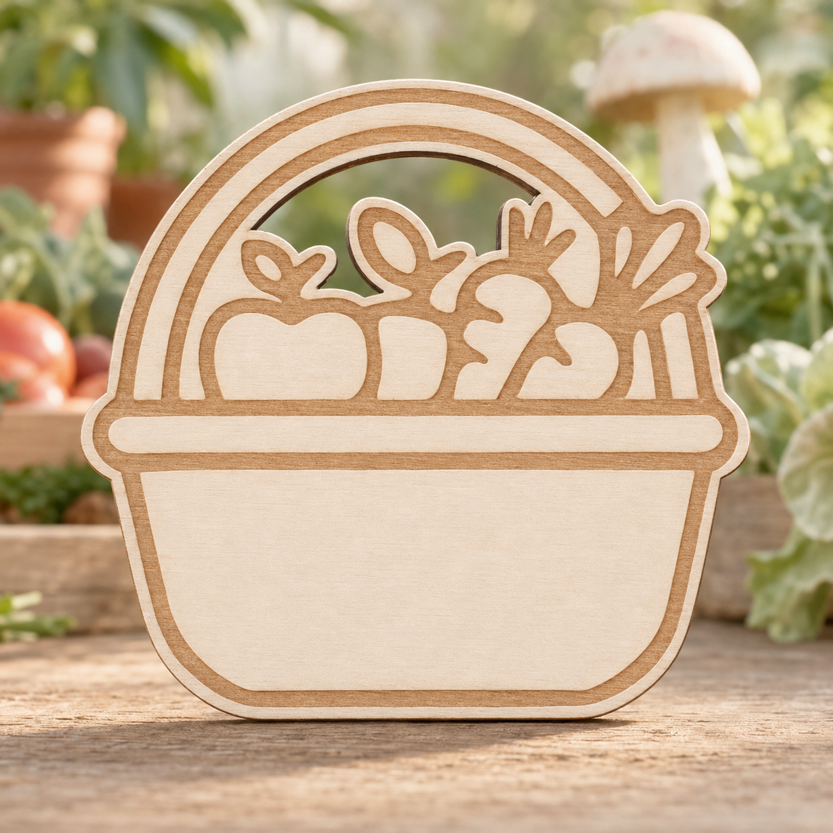 A wooden decorative sign shaped like a basket filled with vegetables, shown standing on a wooden surface with a blurred garden background.