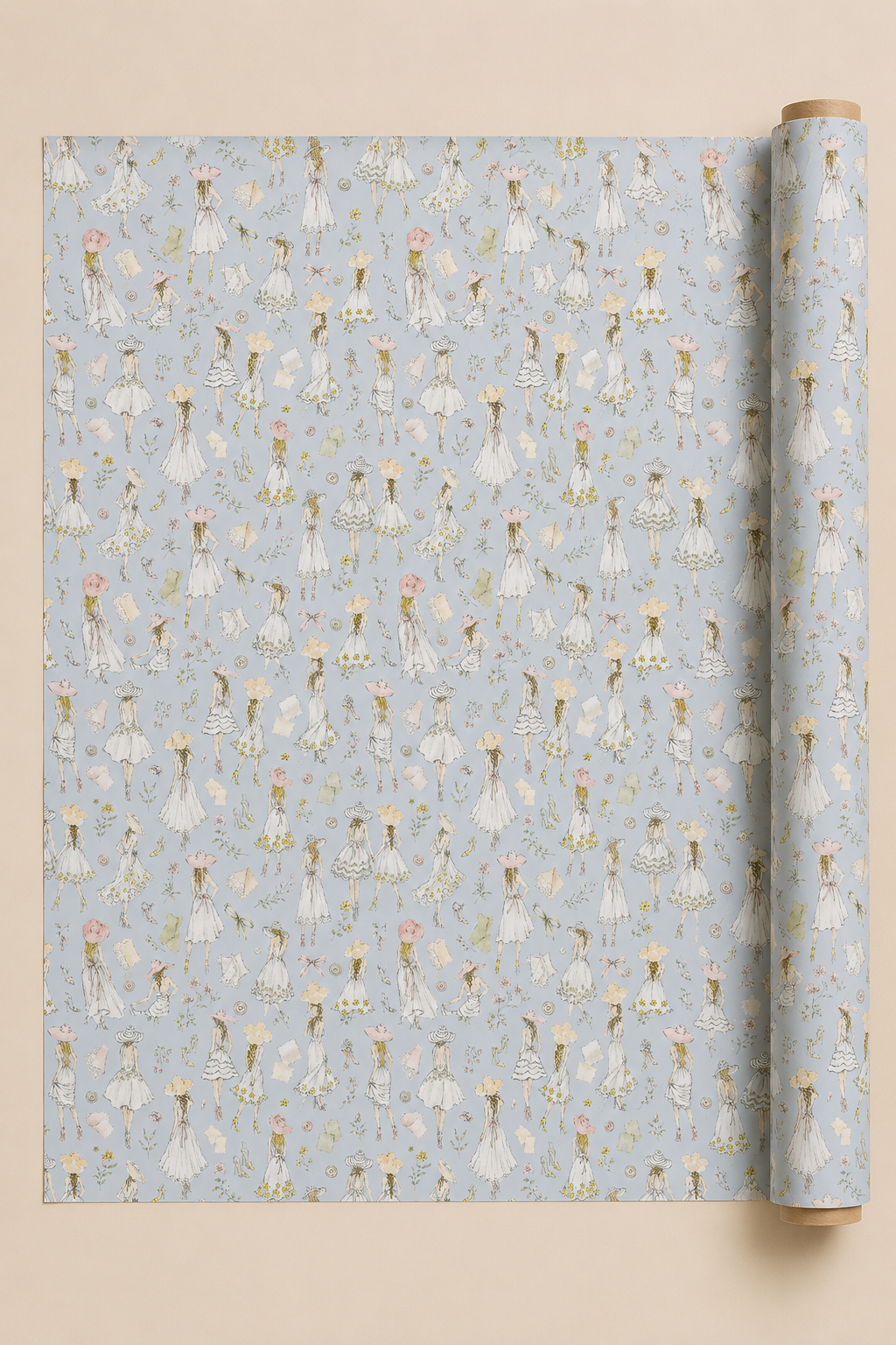 A roll of wrapping paper with a repeating pattern of Summer Dressed Girls in illustrations on a Pastel Blue background, displayed next to a flat sheet of the same paper on a solid beige background.