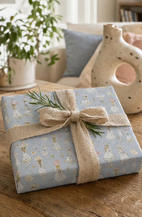 A gift box wrapped in light Vintage Fashion Sketch Wrapping Paper Pastel Blue, tied with a rustic burlap ribbon and a sprig of green pine, set on a wooden table in a cozy living room.