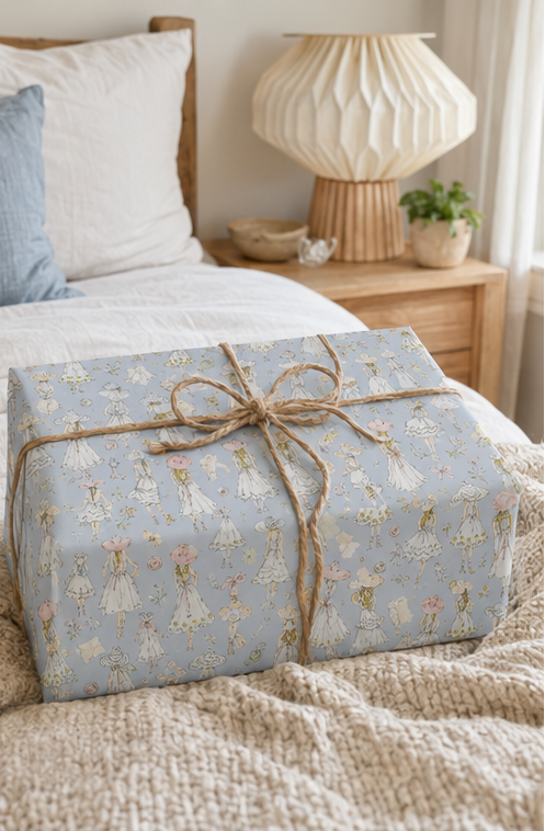 A wrapped gift box on a bed, covered in Vintage Fashion Sketch Wrapping Paper Pastel Blue and tied with natural twine.