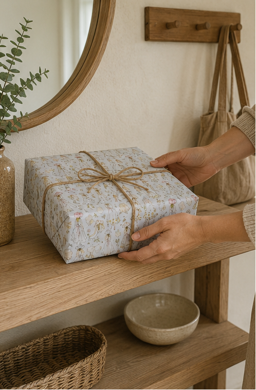 A person's hands are shown wrapping a square gift box in light beige paper with a delicate Vintage Fashion Sketch Wrapping Paper in Pastel Blue and tied with a natural jute twine bow, set on a rustic wooden shelf.
