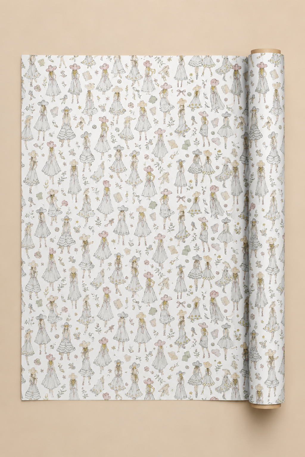 A roll of wrapping paper unrolled to show a repeating pattern of small illustrated girls in white dresses with floral details, set against a solid beige background.