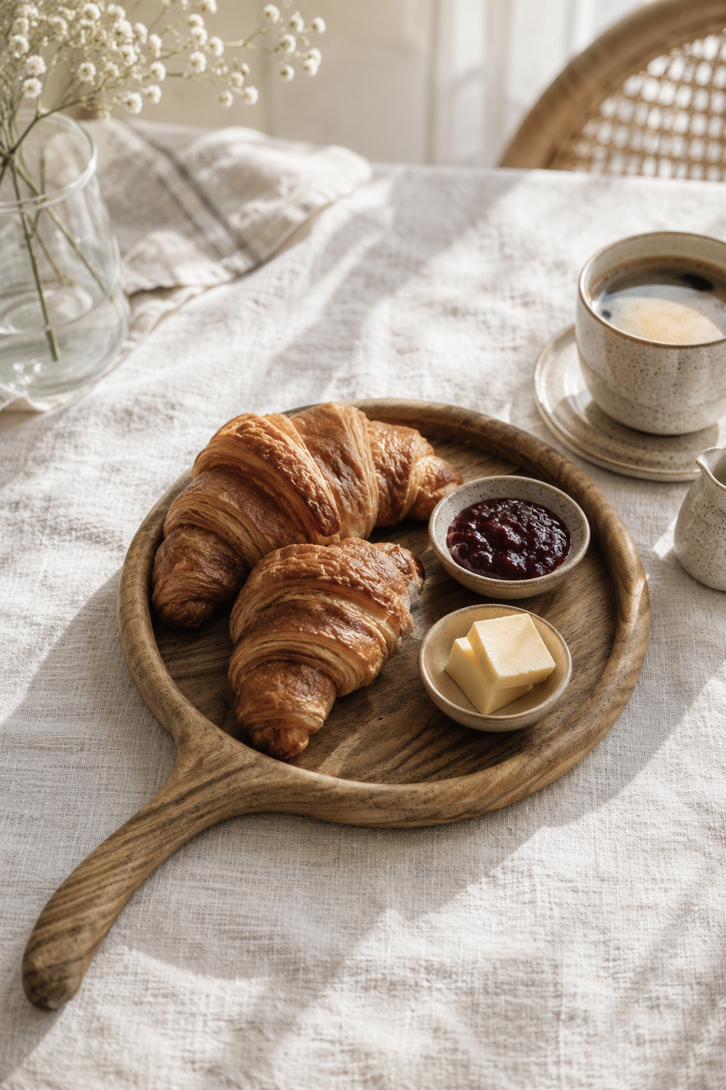 Walnut Wooden tray with croissants, jam, and butter on a light fabric surface.