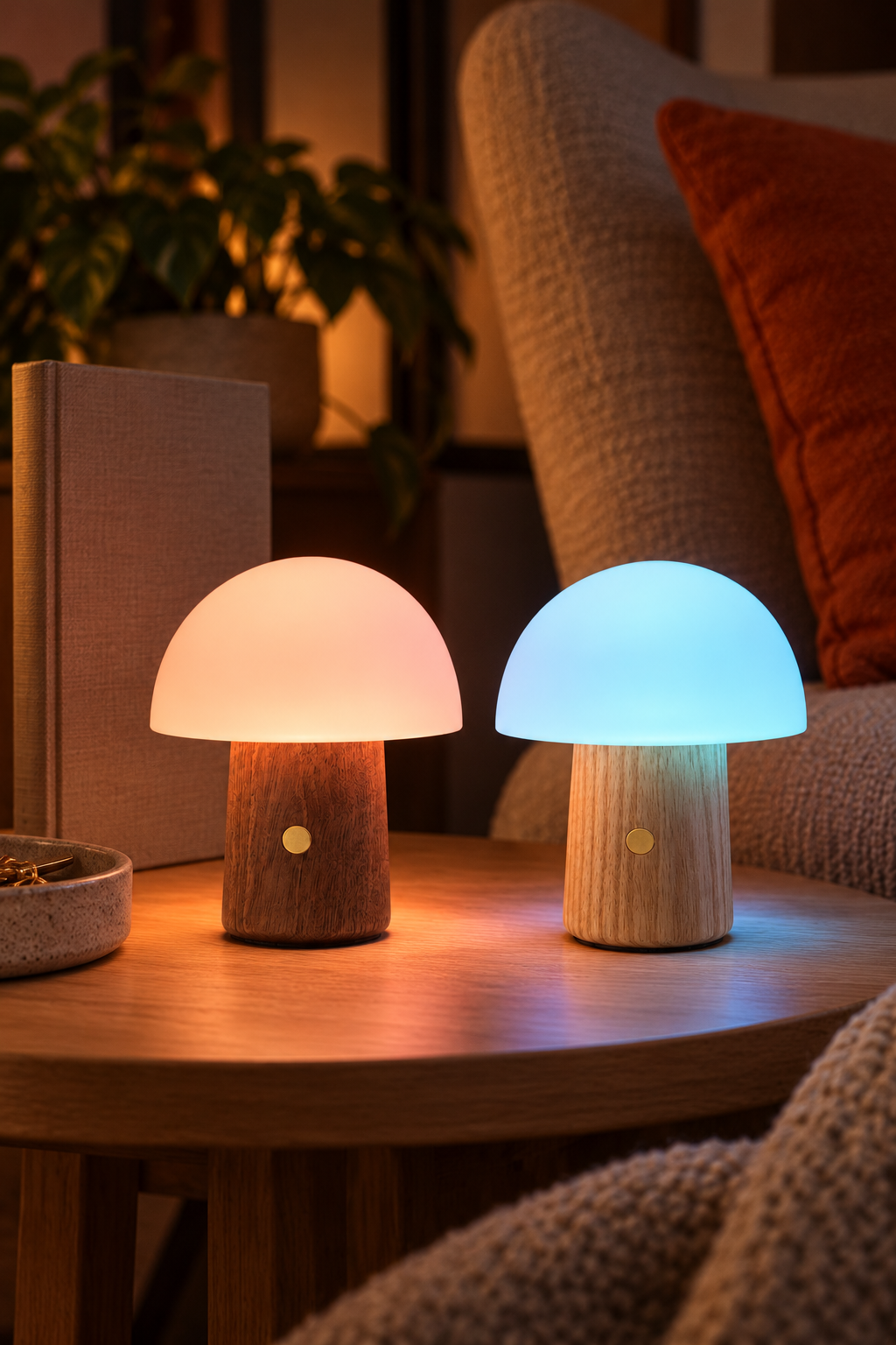 Alice Mushroom Lamp range showing Large, Mini and Super Mini sizes in Walnut and White Ash