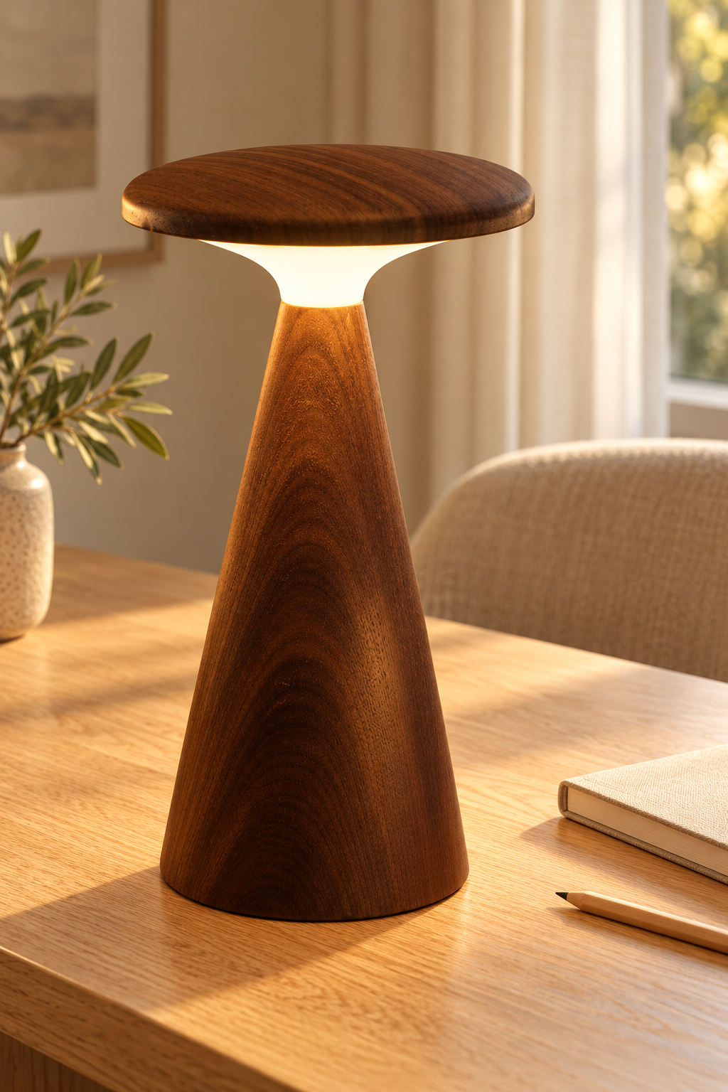 Rich walnut tones and a soft glow make Sylva Large an easy addition beside a sofa or bed.