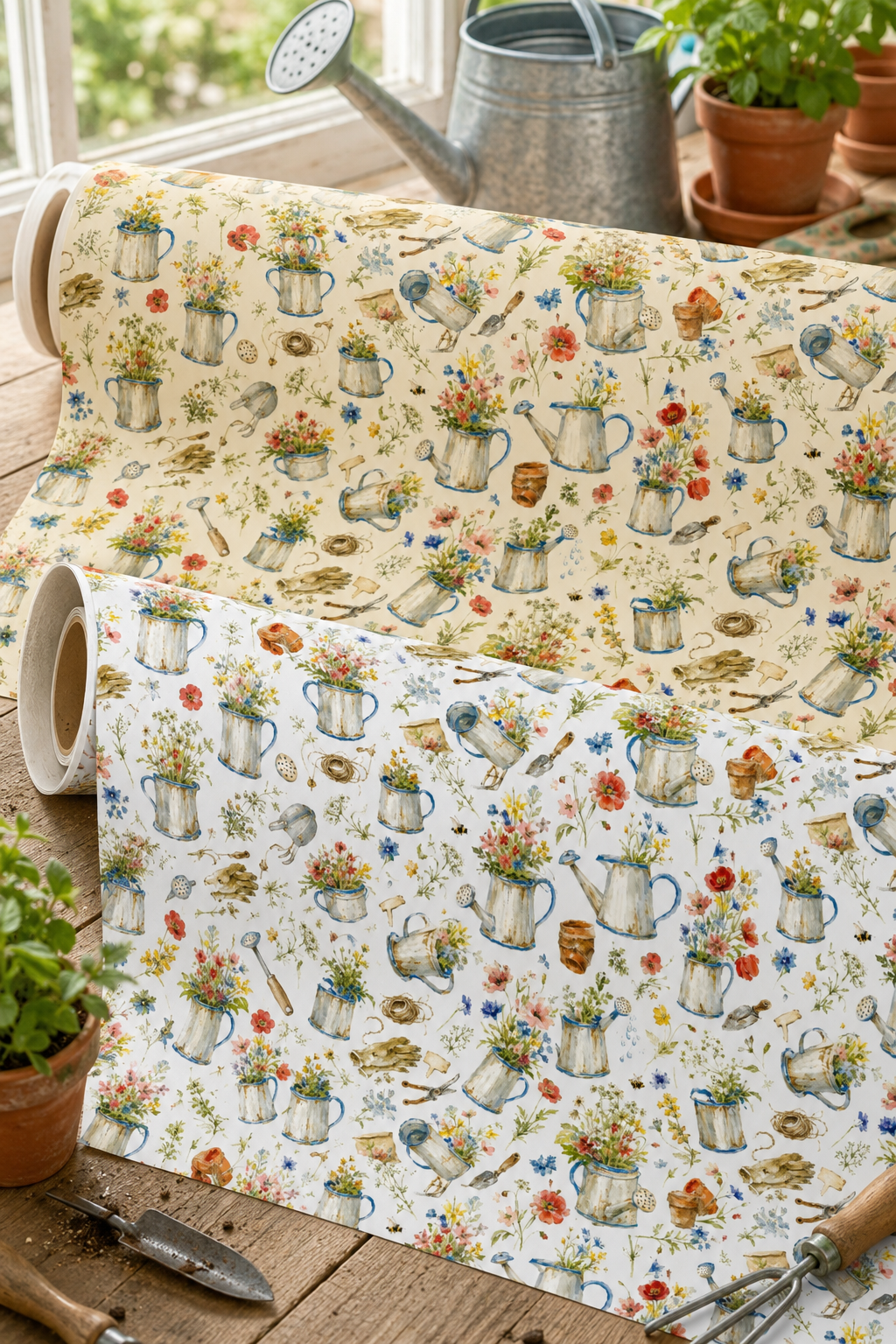 Rolls of Watering Cans & Wildflowers Wrapping Paper in Warm Ivory and White, patterned with watercolour watering cans, wildflowers and garden tools.