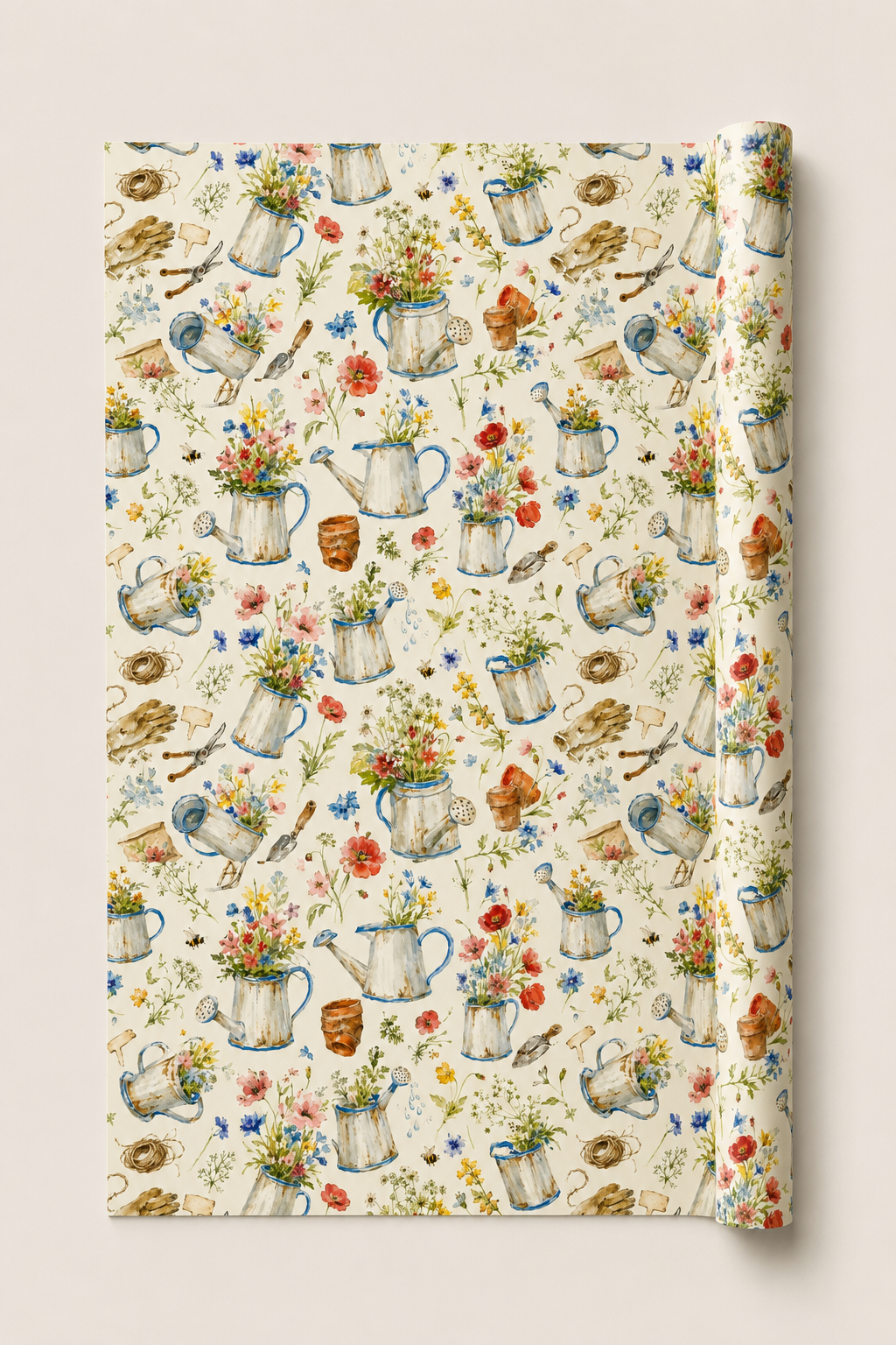 A roll of wrapping paper with a vintage watercolor pattern of watering cans, flowers, and gardening tools on a cream background, shown partially unrolled.