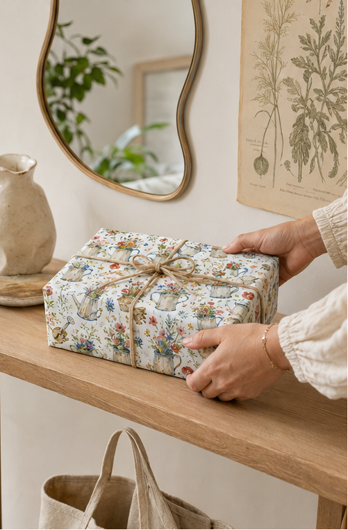 A person's hands are shown holding a wrapped gift box with floral-patterned wrapping paper with watering cans on it in a vintage style. The gift is tied with a twine bow, set on a wooden shelf in a cozy, neutral-toned room.