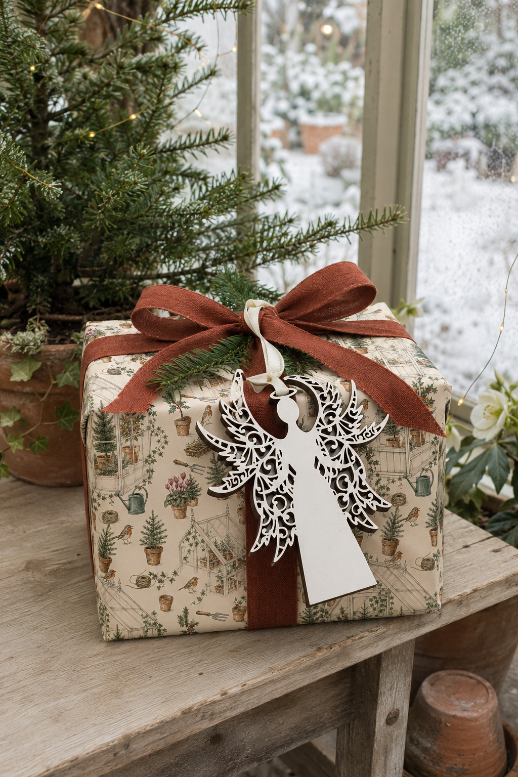 Intricate white angel gift tag on a Christmas Greenhouse wrapped present beside a snowy conservatory window.