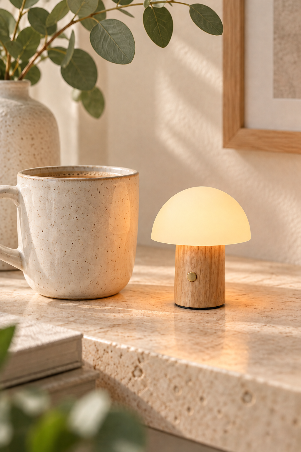 Super Mini Alice Mushroom Lamp in White Ash glowing warm white beside a ceramic coffee mug