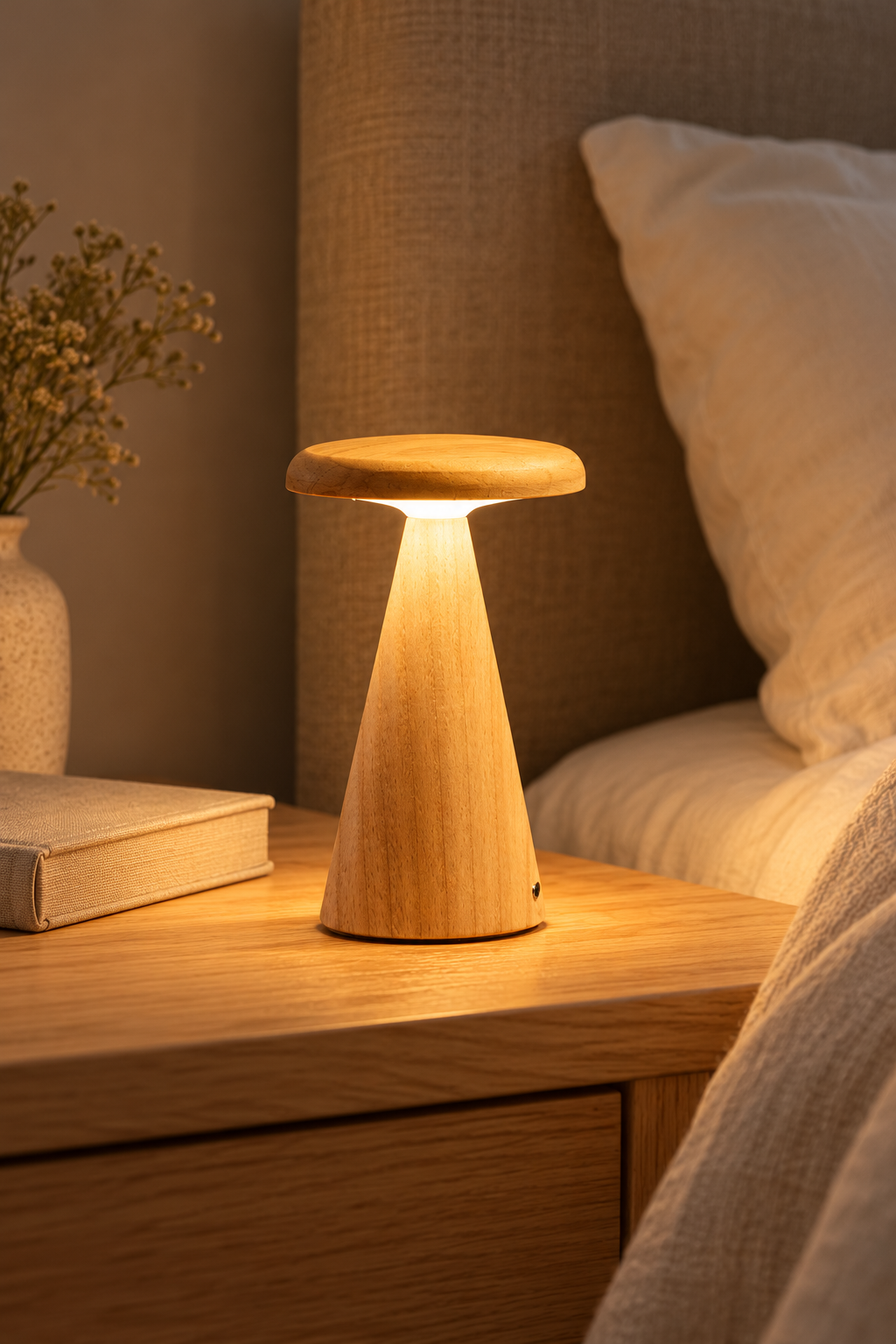 A mushroom-shaped wooden night light glowing warmly on a wooden bedside table next to a bed with white pillows and a textured headboard.