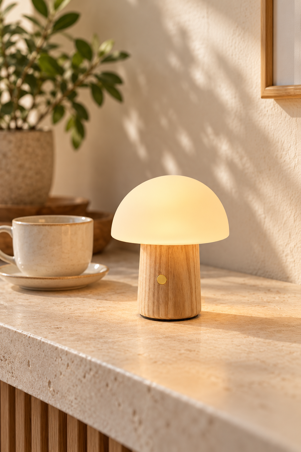 Mini Alice Mushroom Lamp in White Ash with warm white illumination