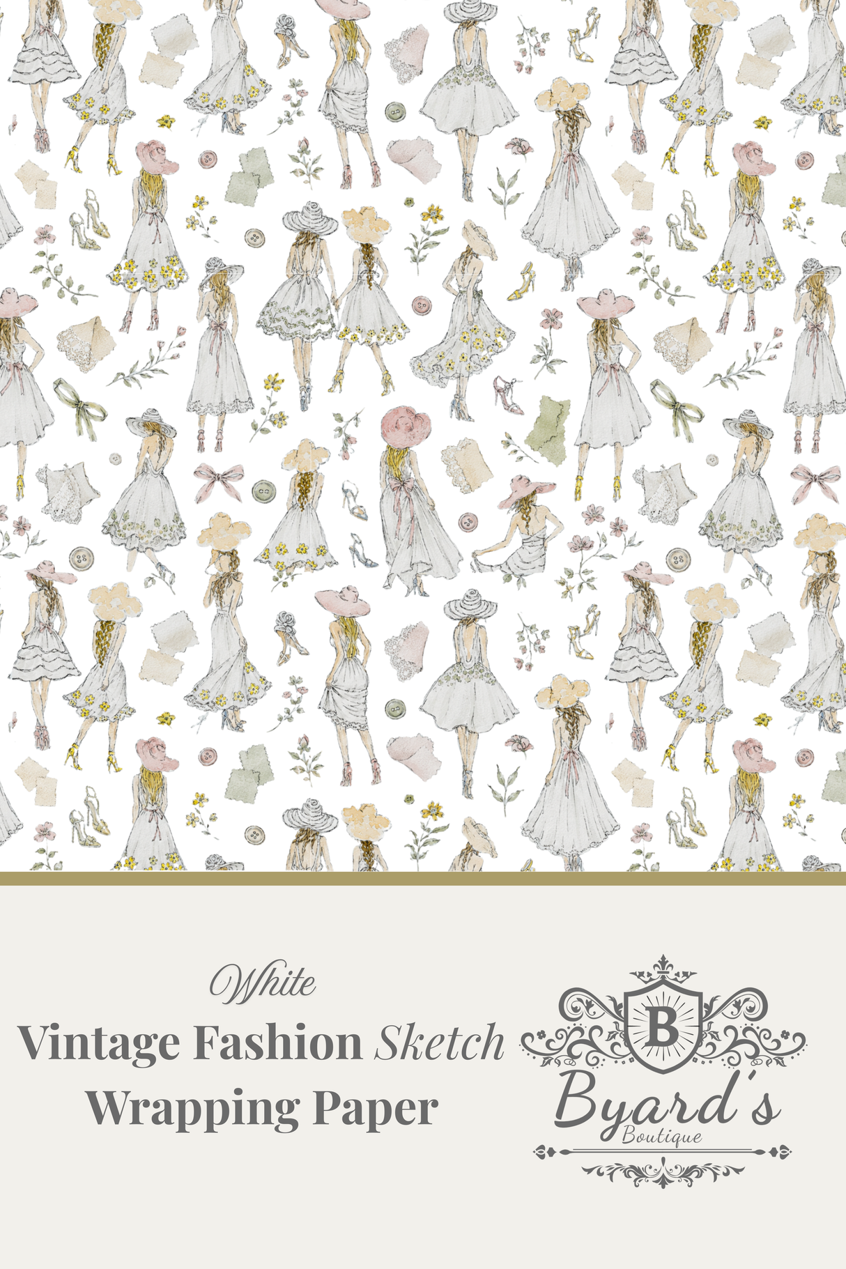 Vintage fashion sketch wrapping paper pattern featuring illustrated women in white dresses with pink and yellow accents, with a beige banner at the bottom reading 'White Vintage Fashion Sketch Wrapping Paper' and the Byard's Boutique logo.