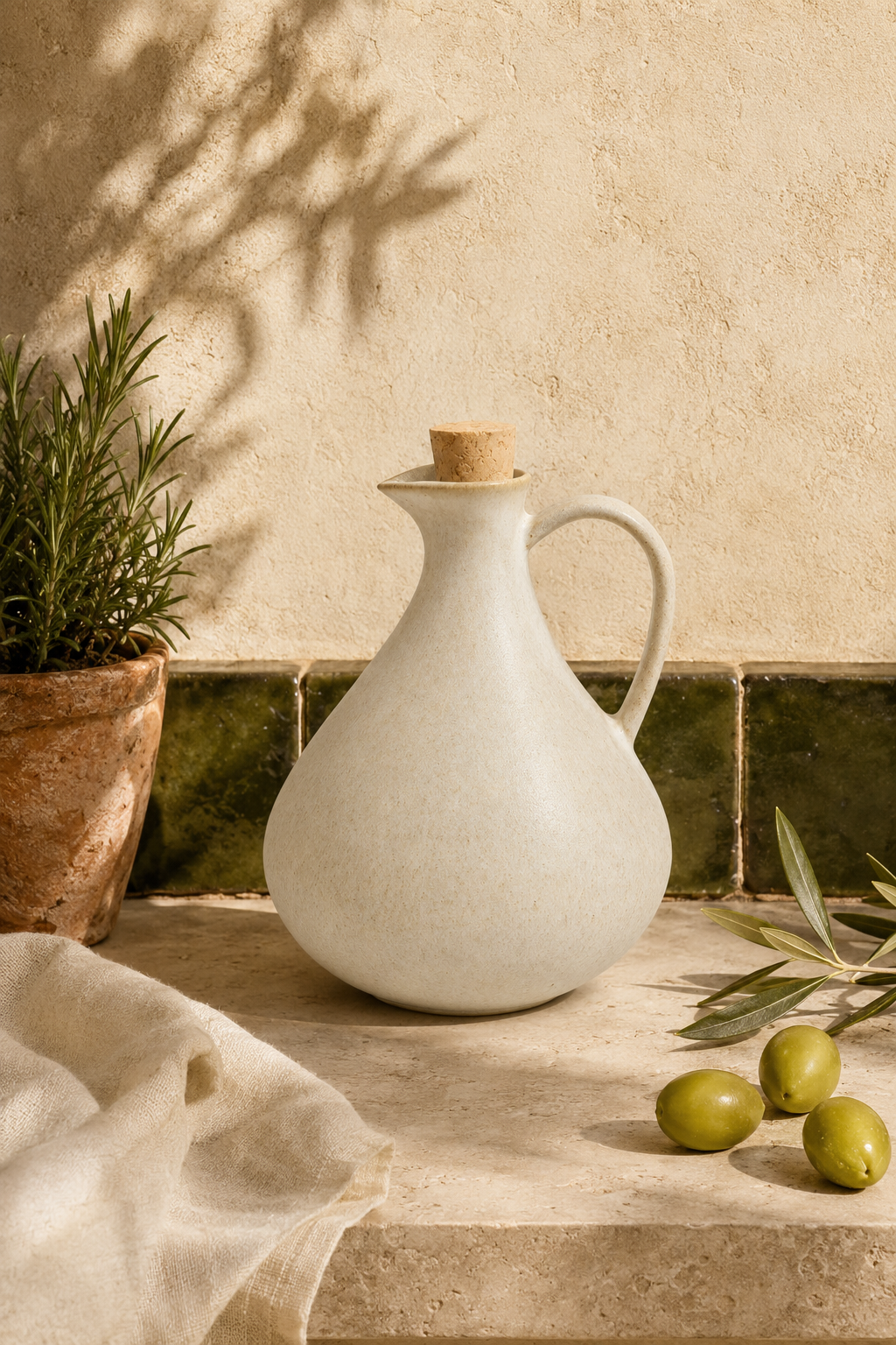 A matte ceramic olive oil dispenser with a cork stopper, styled on a stone surface with olives, a potted plant, and a textured wall in warm natural light.
