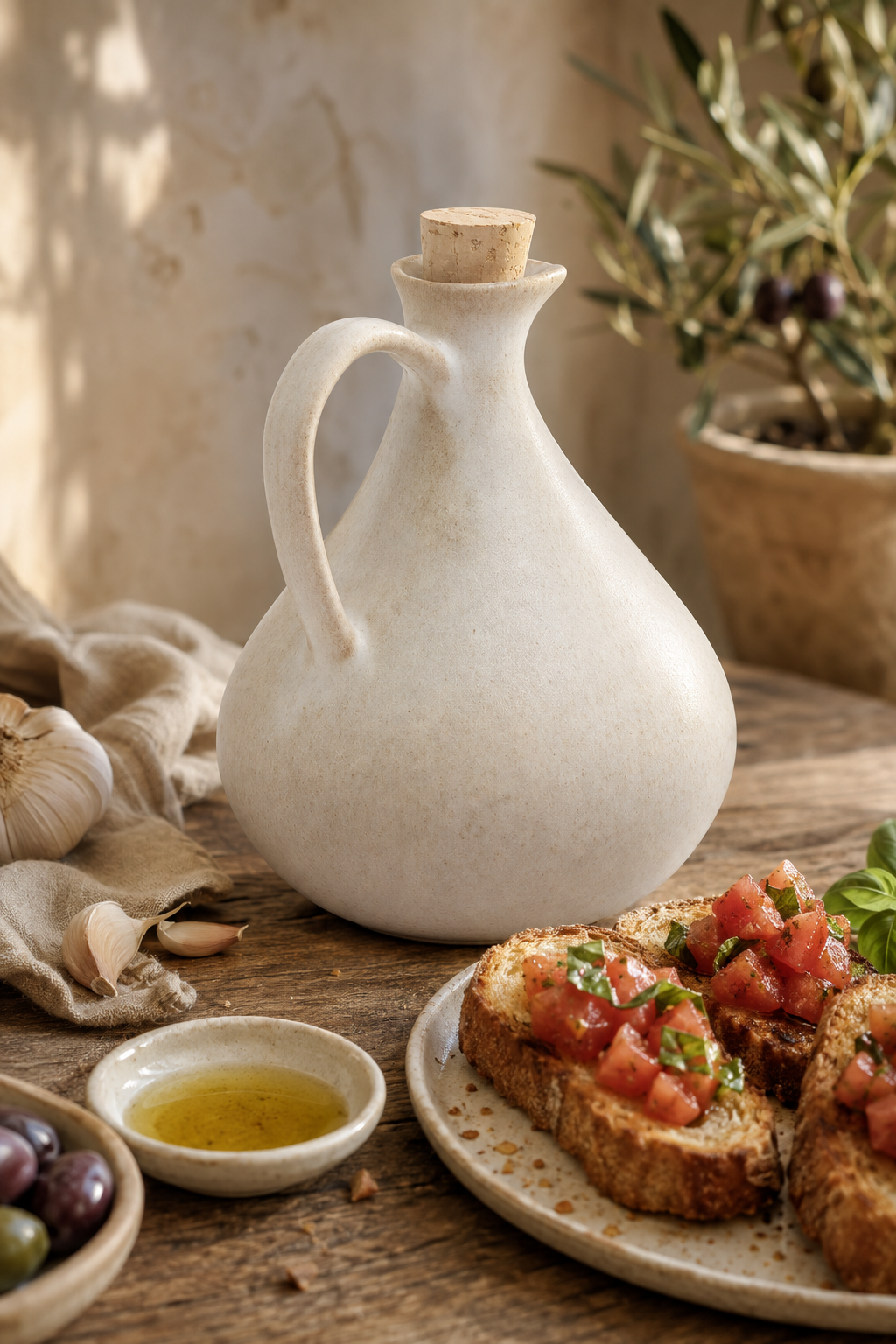 A rustic ceramic olive oil bottle with a cork stopper sits on a wooden table in a styled kitchen scene, surrounded by toasted bread with tomato topping, a small dish of oil, garlic, olives, and a potted olive tree in the background.