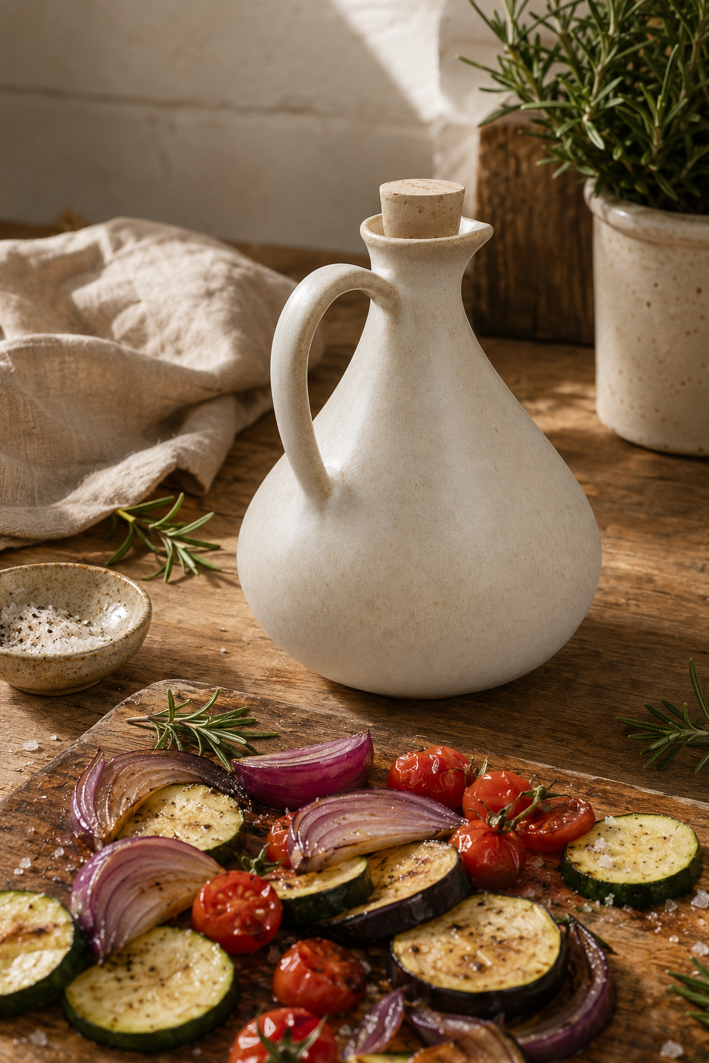 A matte off-white ceramic oil bottle with a cork stopper sits on a rustic wooden table next to a cutting board with roasted zucchini, red onion, and cherry tomatoes. A small bowl of salt and a potted rosemary plant are visible in the background.