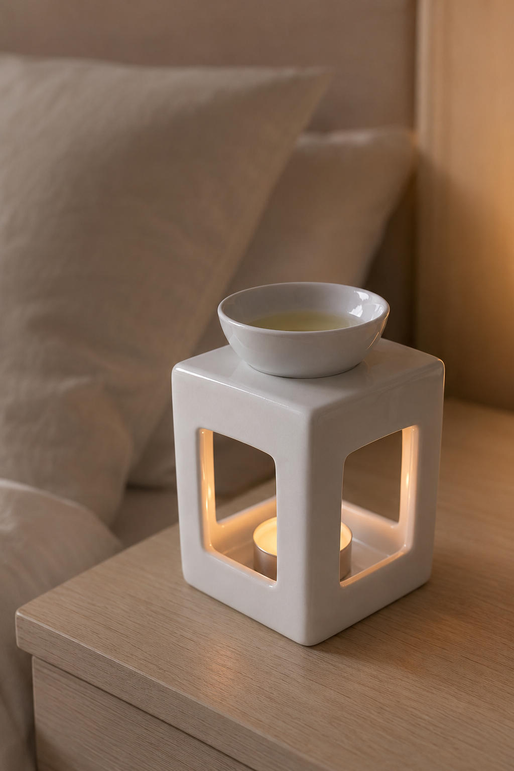 A white ceramic cube-shaped candle warmer with a small top bowl and glowing tea light candle inside, placed on a wooden bedside table next to a bed.