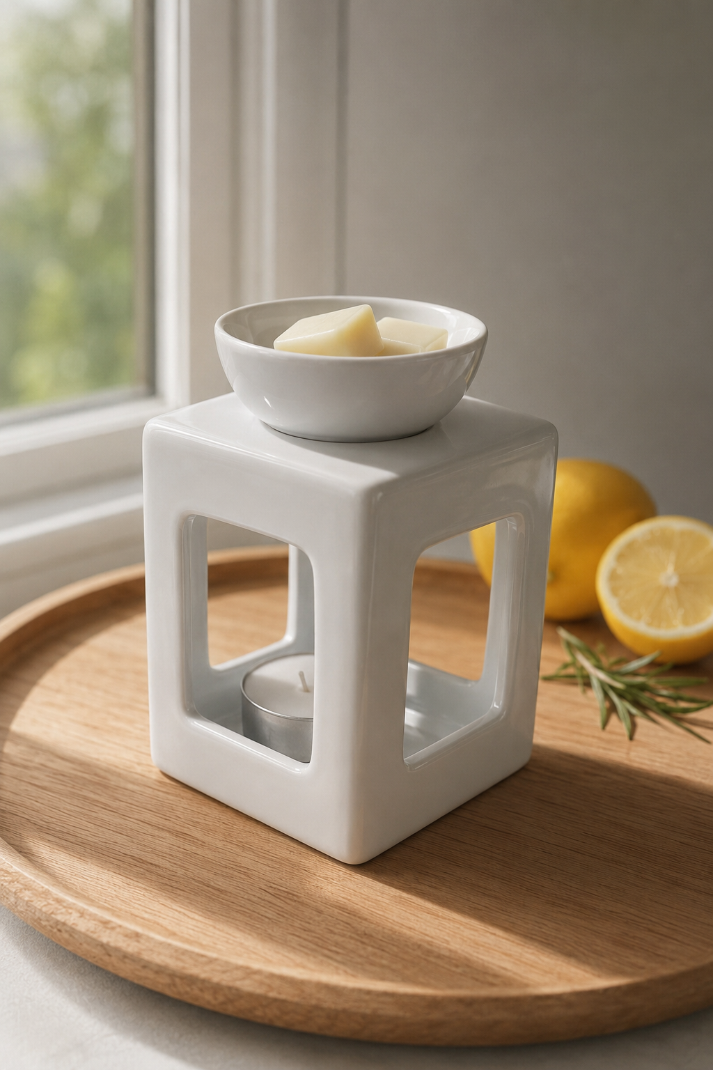 A white ceramic cube-shaped scented candle warmer with a small bowl on top holding lemon slices, placed on a round wooden tray near a window. A tealight candle sits inside, with lemons and rosemary visible in the background.