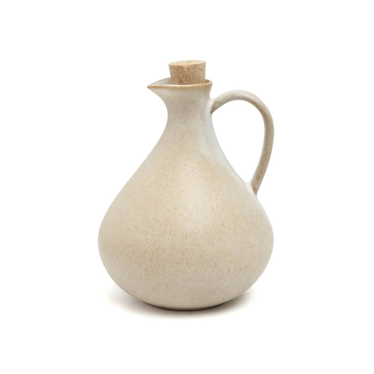 White ceramic oil dispenser with cork lid on a white background