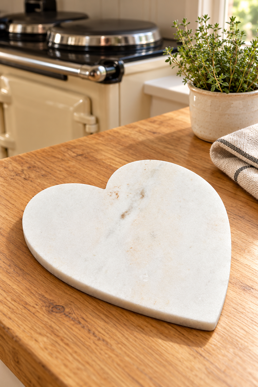 White marble heart trivet measuring 23 × 27cm, with individual natural markings. A useful kitchen accessory and a thoughtful housewarming or wedding gift.
