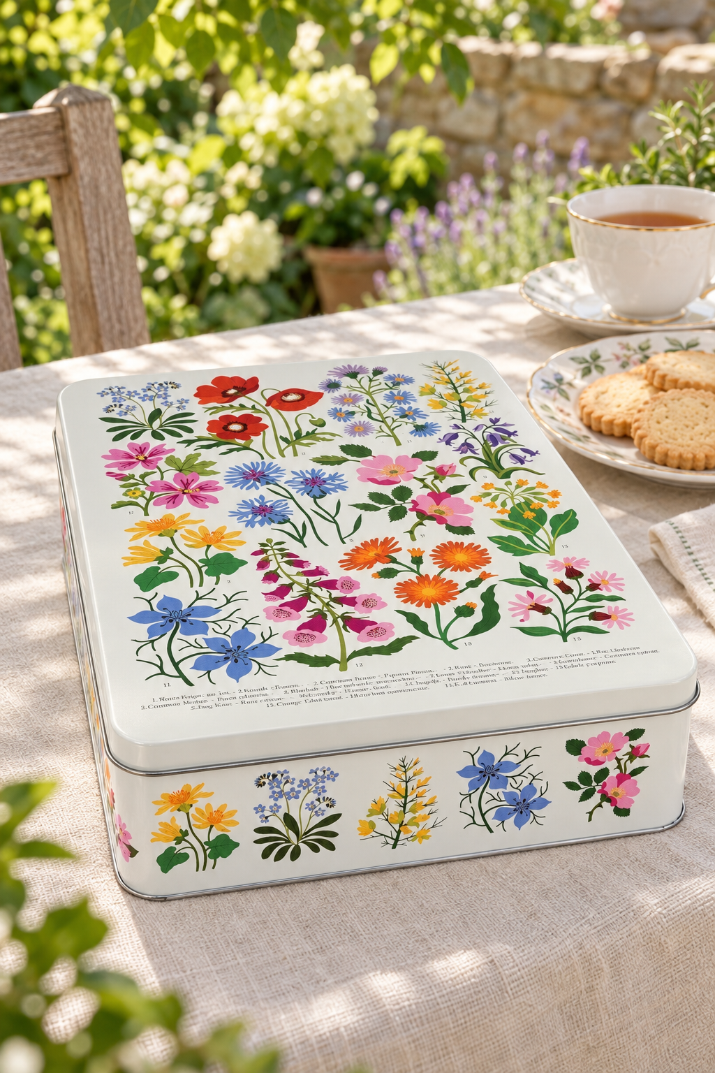 A rectangular metal tin decorated with a colorful wildflower print, placed on a sunlit table outdoors with a teacup and cookies nearby.