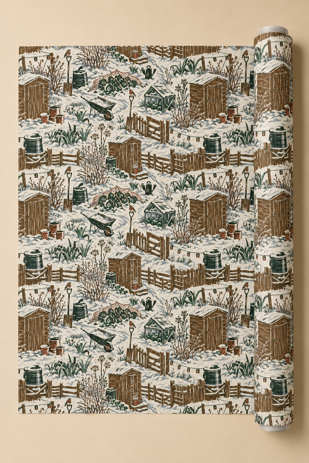 Winter allotment Christmas wrapping paper showing snow-covered sheds, fences, cold frames, cabbages, wheelbarrows, garden tools and robins in deep green and brown.