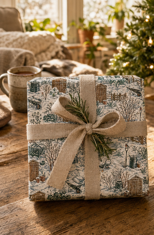 Winter allotment Christmas wrapping paper showing snow-covered sheds, fences, cold frames, cabbages, wheelbarrows, garden tools and robins in deep green and brown.