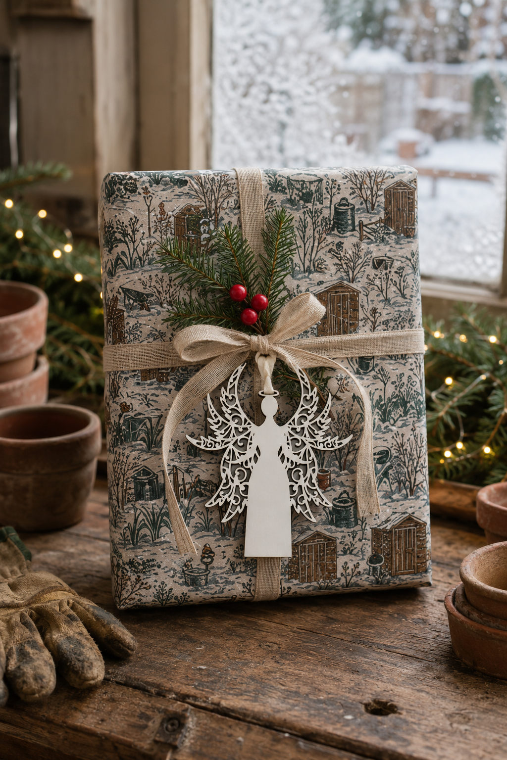 Intricate white angel gift tag on an After the Snow winter allotment wrapped present with natural linen ribbon.