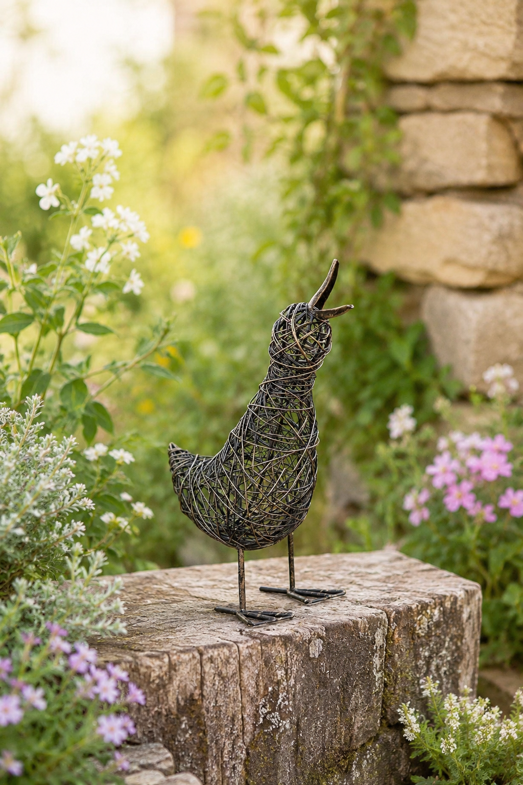 Decorative bird sculpture on a stone ledge with a natural garden background