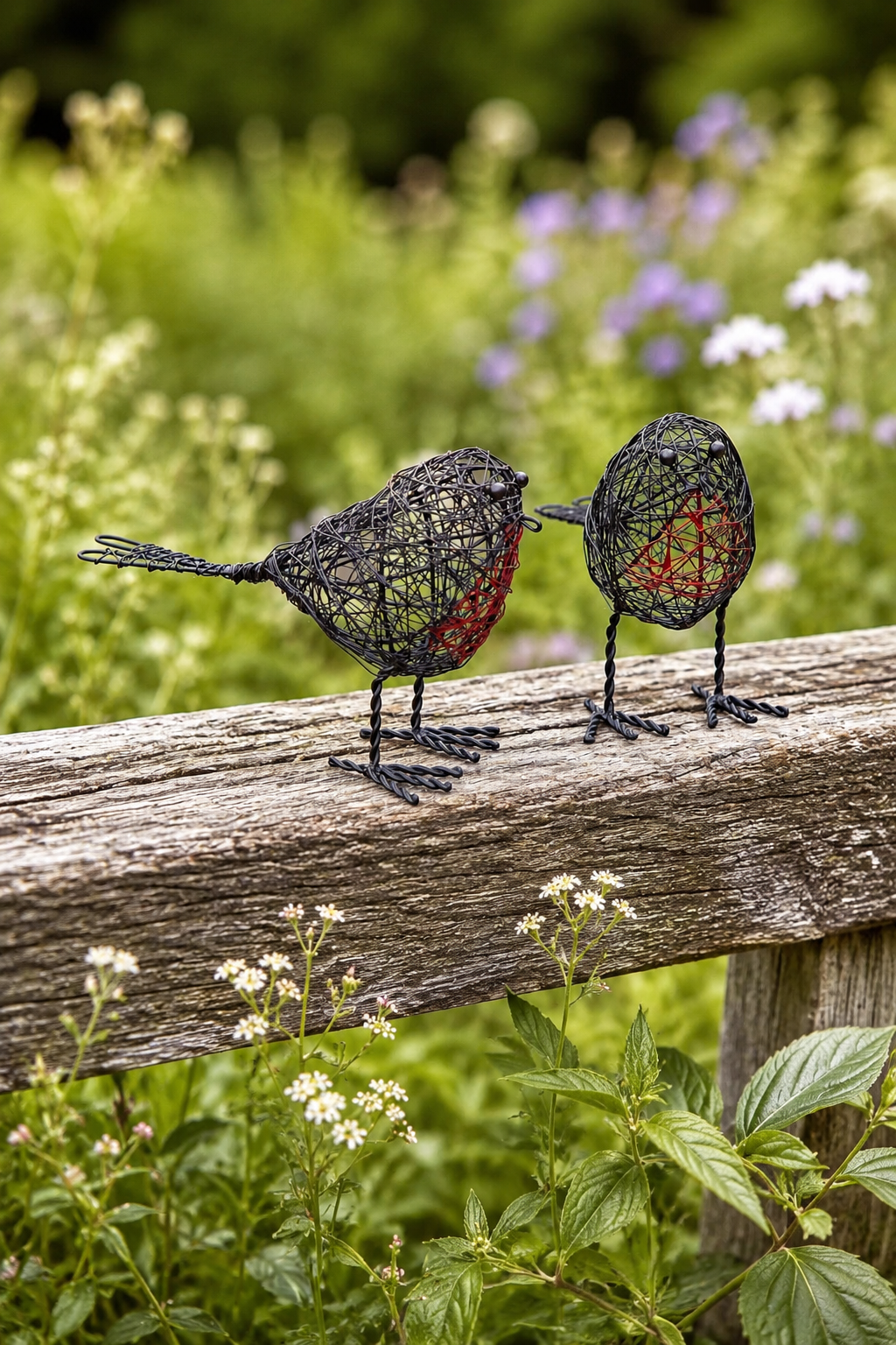 Decorative wire birds on a wooden log with a natural background of flowers and greenery.