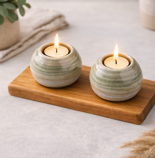 Two lit candles in ceramic holders on a wooden tray with a neutral background