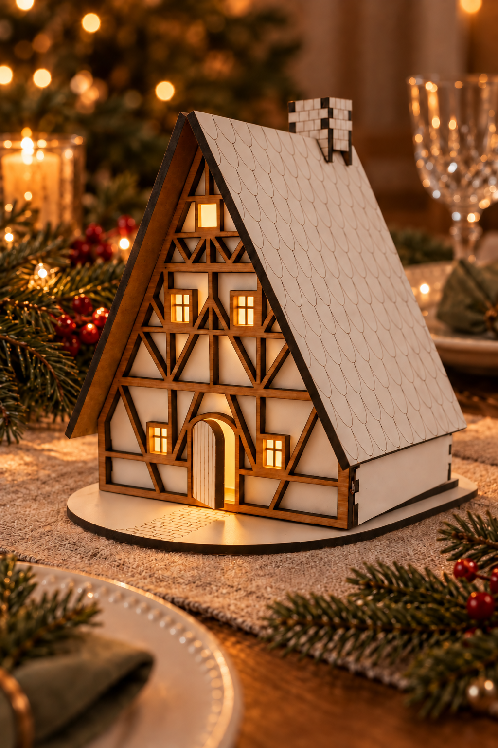 A miniature wooden A-frame house ornament with a white shingled roof, dark brown timber framing, and glowing warm yellow windows, displayed on a holiday table runner with pine branches and candles in the background.