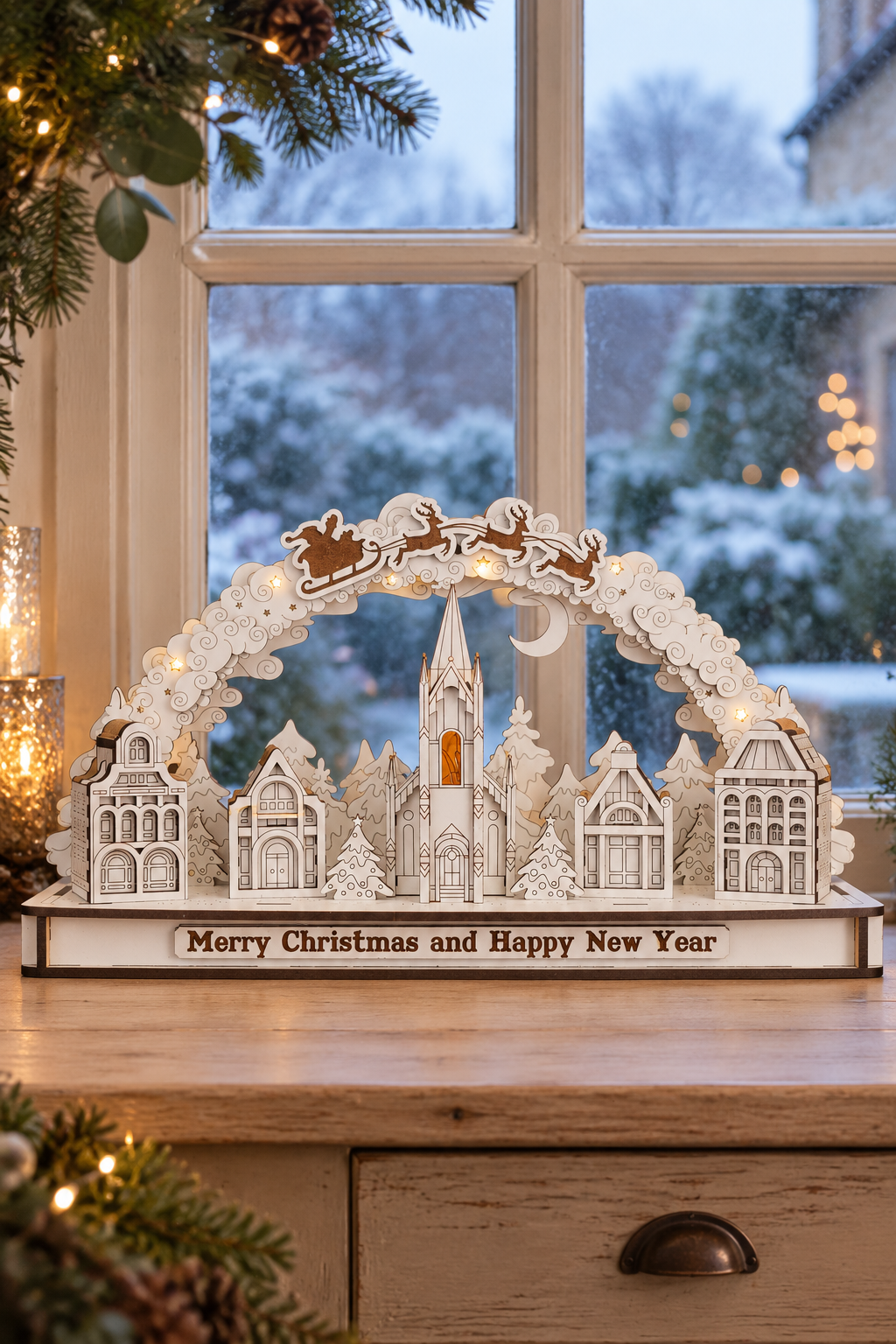 A decorative Christmas village tabletop display with layered white wooden houses, a church tower, reindeer, clouds, and warm string lights, placed on a wooden cabinet in front of a window with snowy outdoor scenery.
