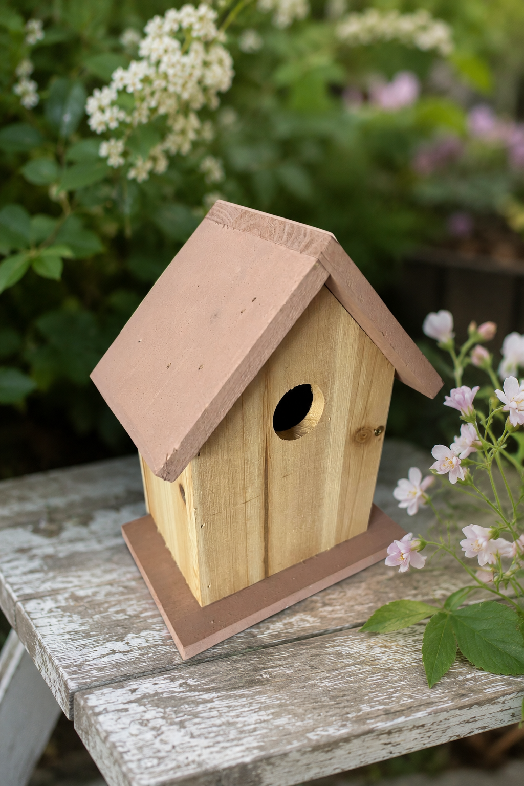 Wooden birdhouse with a pink roof on a rustic wooden surface with flowers in the background