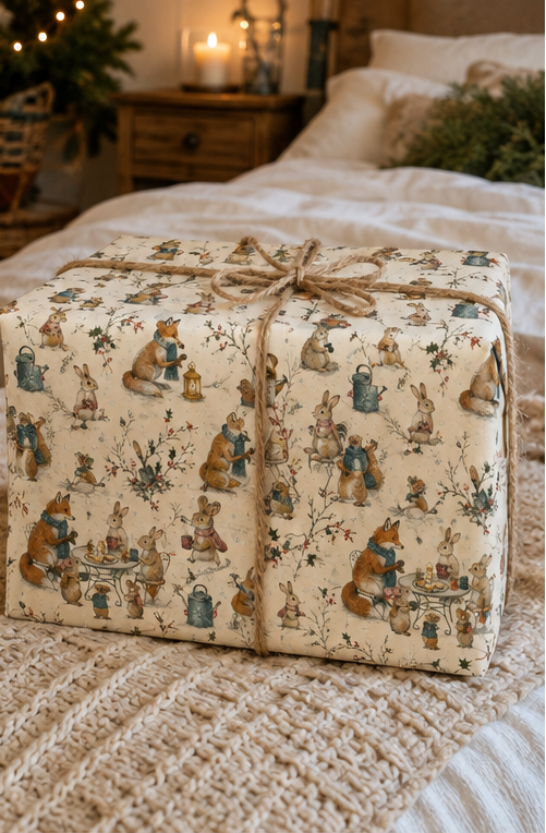 Illustrated woodland animal Christmas wrapping paper featuring scarf-wearing foxes, rabbits and mice sharing hot drinks and mince pies at a winter garden party. The pencil-sketch design includes lanterns, wrought-iron tables, watering cans, holly and snowy branches in teal, russet, pink, mustard, red and green on warm ivory.