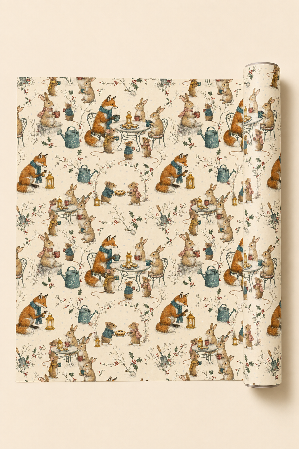 Illustrated woodland animal Christmas wrapping paper featuring scarf-wearing foxes, rabbits and mice sharing hot drinks and mince pies at a winter garden party. The pencil-sketch design includes lanterns, wrought-iron tables, watering cans, holly and snowy branches in teal, russet, pink, mustard, red and green on warm ivory.