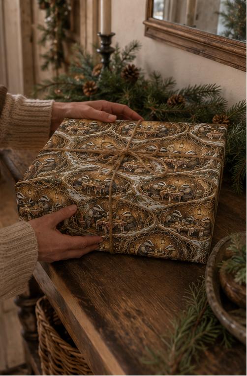Detailed woodland Christmas wrapping paper showing badger families sharing a Boxing Day supper inside snow-covered underground burrows. The illustrated design includes lanterns, puddings, teapots, baskets, pantry shelves and holly in an earthy brown, cream, red, green and snowy white palette.