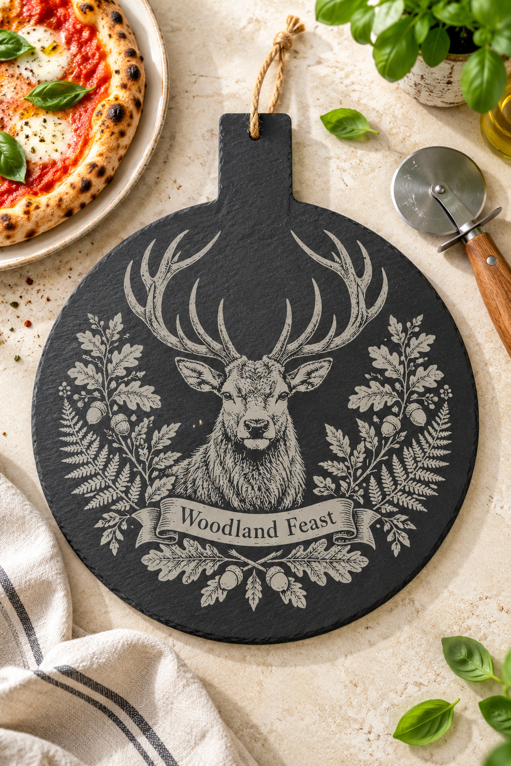 A round black slate cutting board with a hanging loop, featuring a detailed engraving of a stag with antlers and the words 'Woodland Feast' on a banner. The board is styled in a kitchen flat-lay setting with a pizza, a pizza cutter, basil leaves, and a striped cloth.