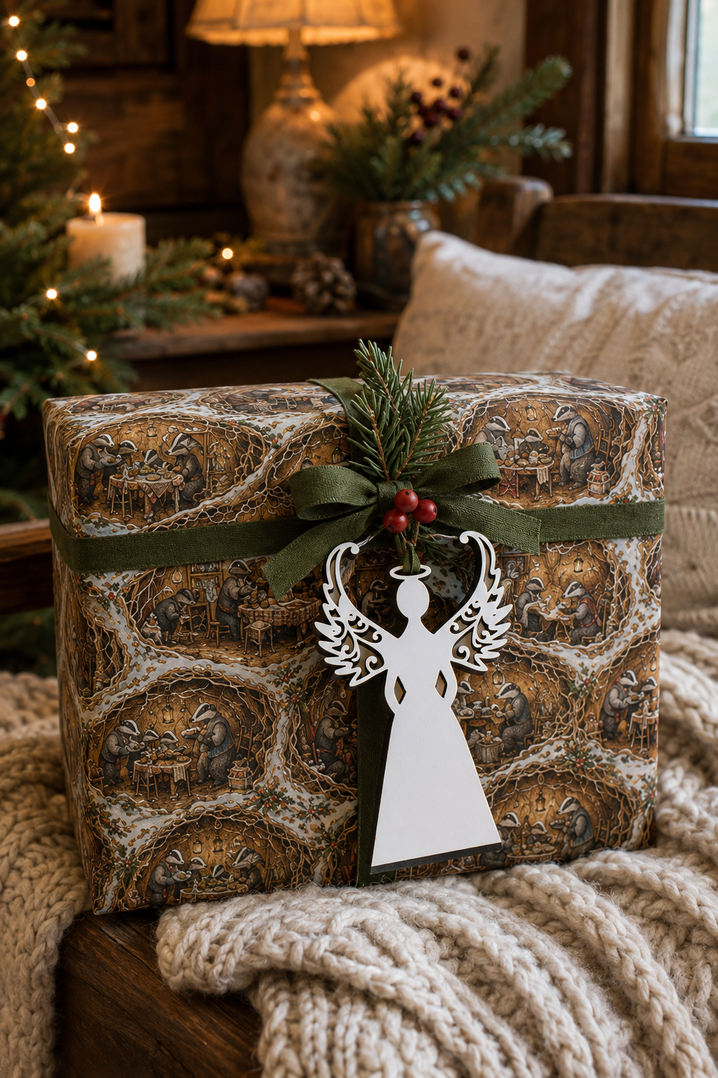 White laser-cut angel gift tag on a Woodland Badger Boxing Day Supper wrapped present with green linen ribbon.