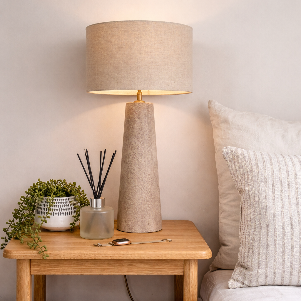 Beige table lamp on a wooden side table with decorative items, next to a sofa.