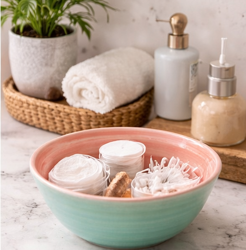 Pink and teal bowl with skincare products on a marble surface with a plant and towels in the background.
