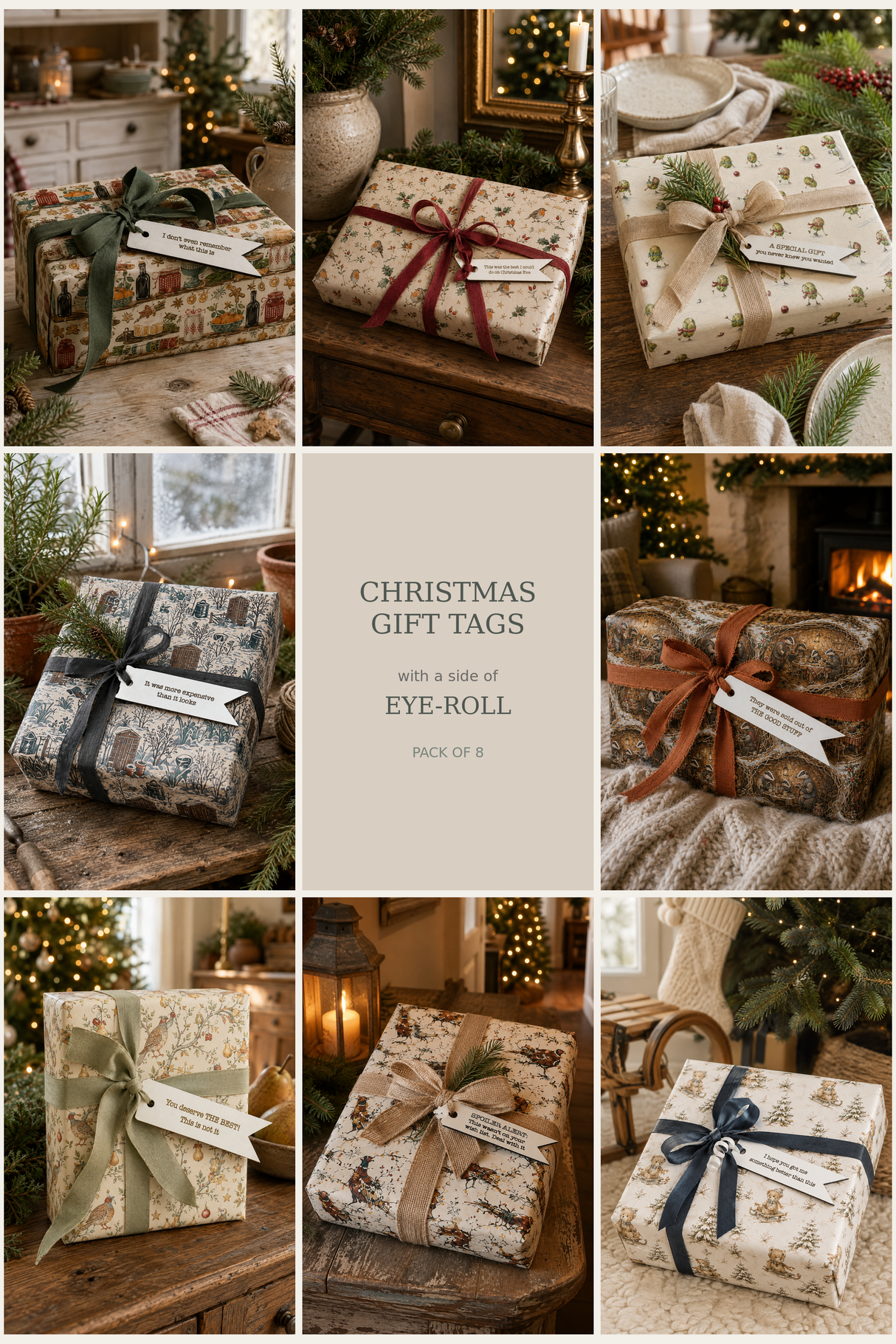 A collage showing eight wrapped gift boxes with different Christmas-themed eye-roll patterned paper and ribbon bows, plus a central text panel that reads 'CHRISTMAS GIFT TAGS with a look of EYE-ROLL PACK OF 8'.
