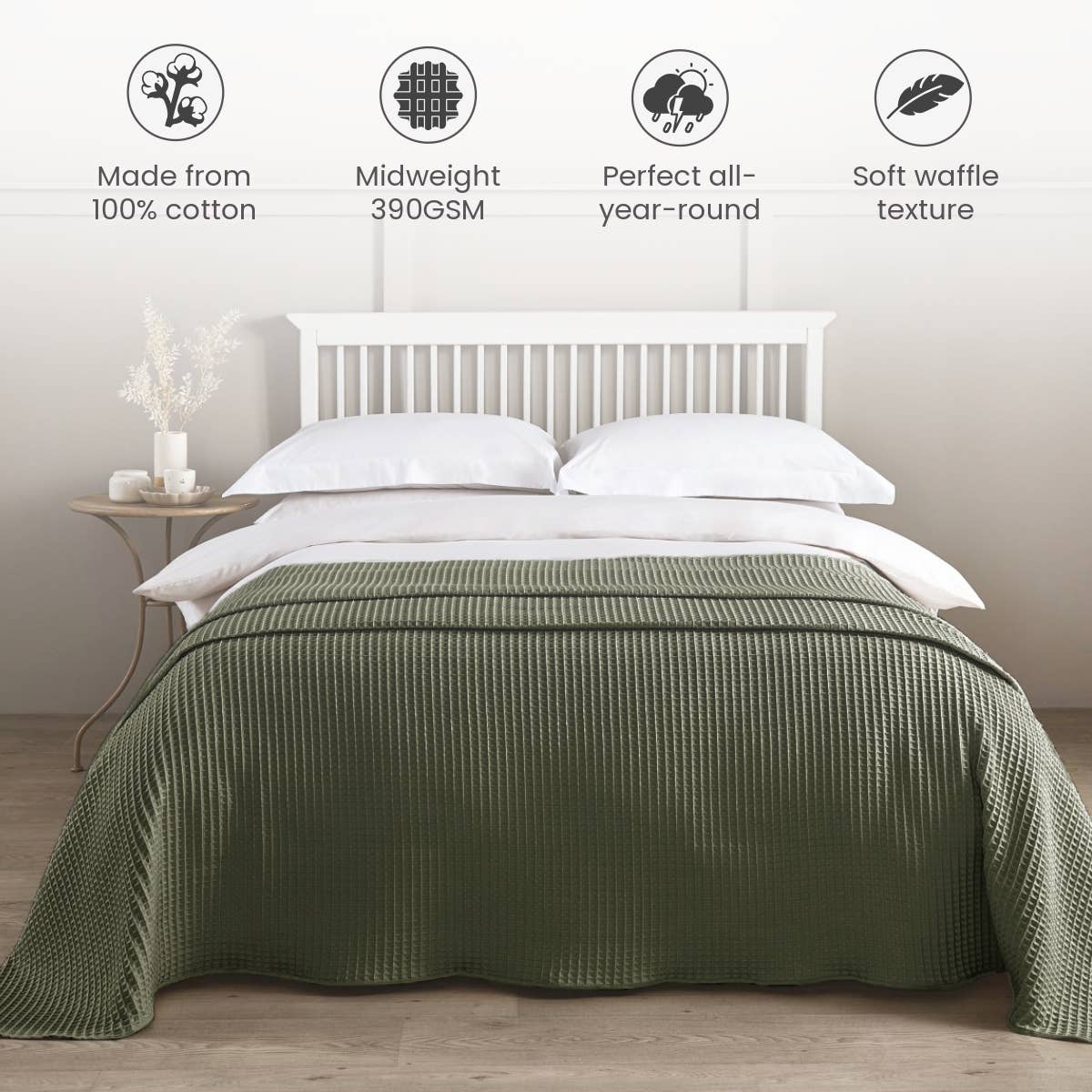 Green waffle-textured blanket on a bed with product features listed above.