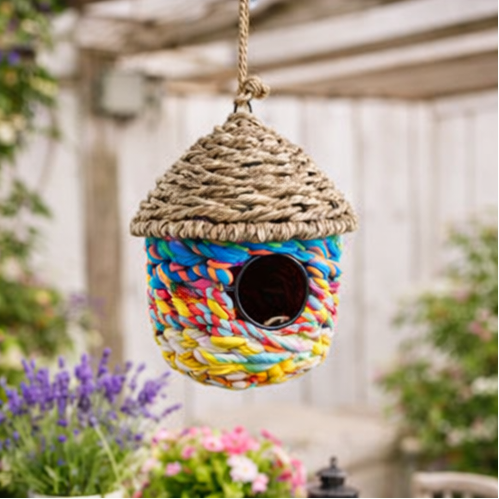 Colourful woven birdhouse hanging in a garden with flowers and trees.