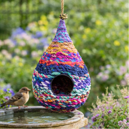 colourful woven birdhouses in a garden setting
