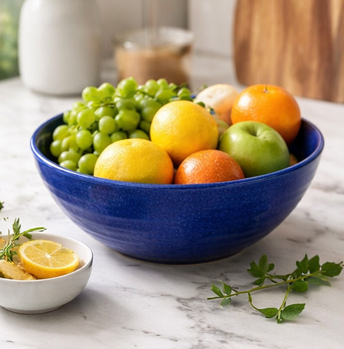 Blue bowl stoneware fruit bowl filled with fruits on a marble countertop