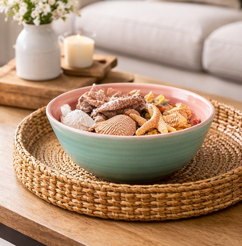 Teal bowl with seashells on a woven tray in a living room setting