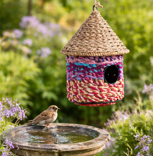 Colourful braided birdhouse with a thatched roof hanging above a birdbath in a garden setting.